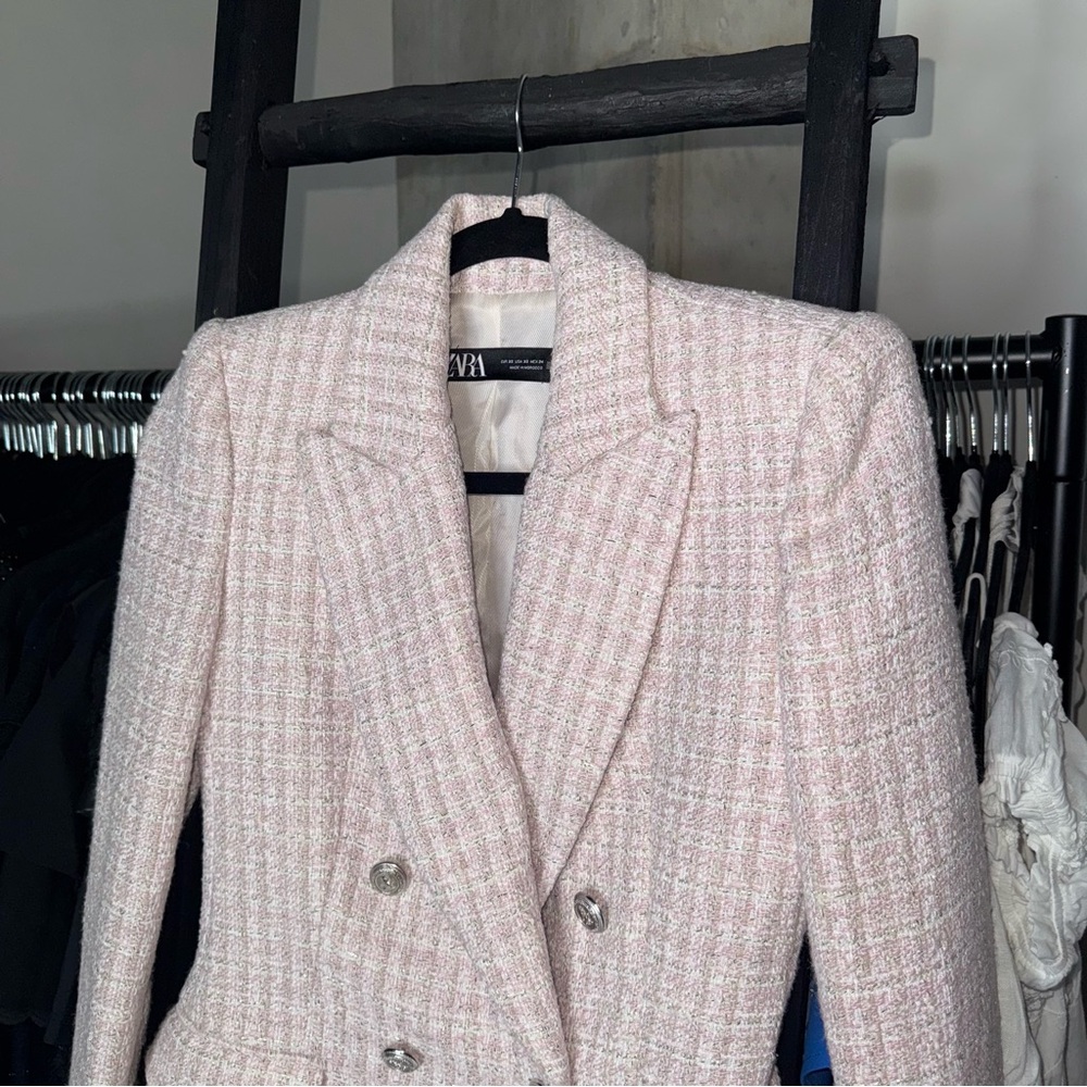 ZARA Pink Tweed Double-Breasted Blazer Jacket - Picture 4 of 17